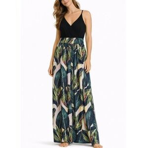Newsshows Women's Green Floral Black V-Neck Wrap Maxi Dress Size M
